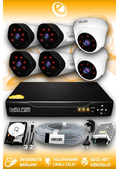 Elitcam 6 Kameralı Uzay 2 İç Kamera Set 2 TB HDD Full HD Gece Görüşlü Güvenlik Kamerası Sistemi