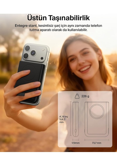 Ultracharge Pro 5000 Mah Manyetik Stantlı Power Bank, 25 W - Siyah