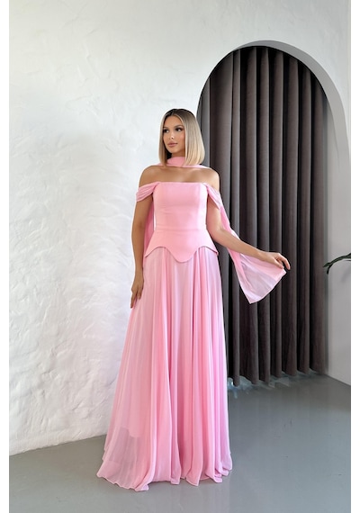 Livanomi Düşük Omuz Eteği Şifon Uzun Pembe Abiye Pembe