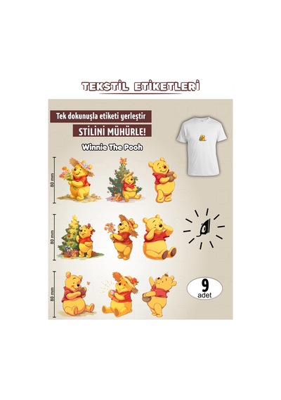 Ütü İle Yapışan Kıyafet Etiketi Winnie The Pooh 9lu Set Karışık