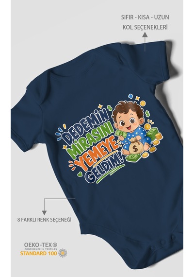 Morivokids Dedemin Mirasını Yemeye Geldim Kısa Kollu Bebek Body %100 Pamuk Lacivert