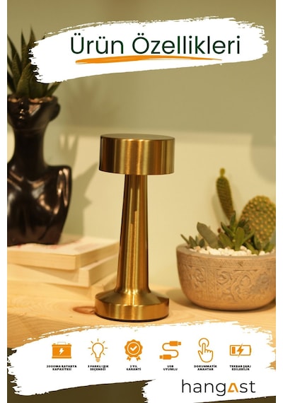 Hl-007g Dekoratif Metal Gold Kablosuz Masa Gece Lambası Dekoratif Led Gold