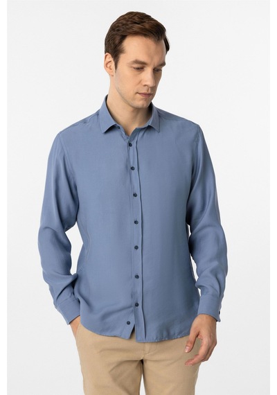 Süvari Mavi Slim Fit Düz Klasik Yaka Gömlek-34098 Mavi