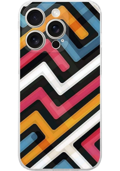 Apple Uyumlu iPhone 15 Pro Max Kamera Korumalı Labirent Grafiti Tasarımlı Şeffaf Kılıf