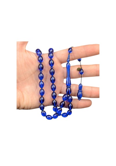 Arpa Kesim 11x8 Mm İmzalı Ateş Kehribar Sistem Püsküllü Tesbih Lacivert