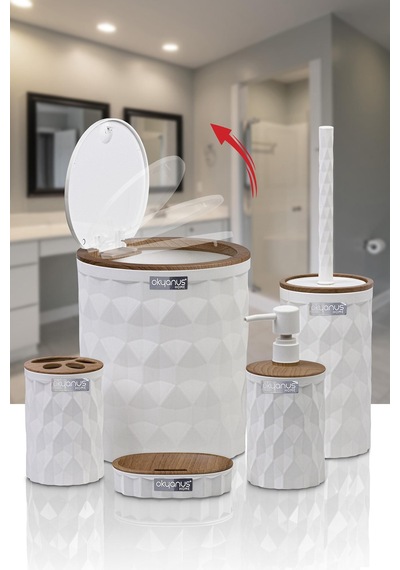 Okyanus Home Diamond Beyaz Ahşap Click Kapak 5'li Banyo Seti Beyaz