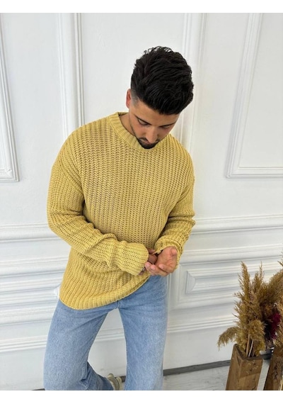 Elku Moda Kazak Oversize Çift Kat Zincir Örgü Naturel Pamuk Bol Kesim Tüylenmez Triko Kazak Hardal Elku Moda Kazak Oversize Çift Kat Zincir Örgü Naturel Pamuk Bol Kesim Tüylenmez Triko Kazak Hardal