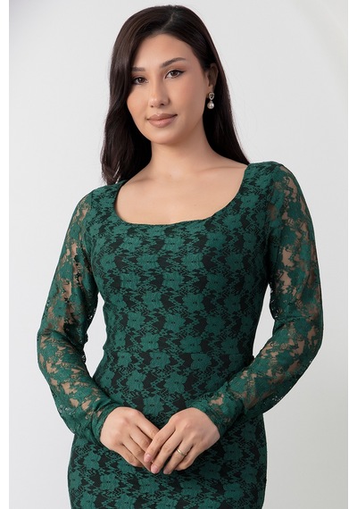 Kalopya Kare Yaka Dantel Balık Elbise Ap-3005 Zumrut