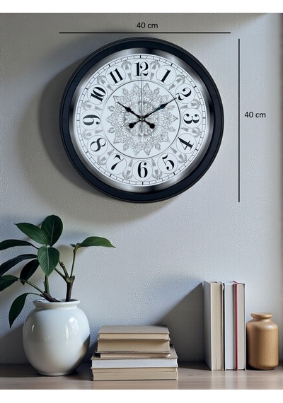 Şaheser Tasarım Zarif Desenli 40 Cm Metal Duvar Saati Siyah