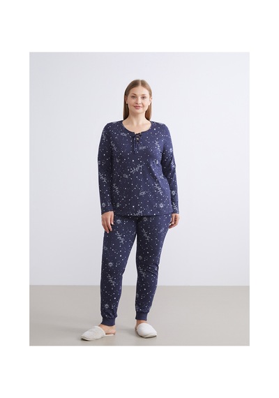 Lcw Dream Lacivert Bağlamalı Yaka Baskılı Kadın Pijama Takımı