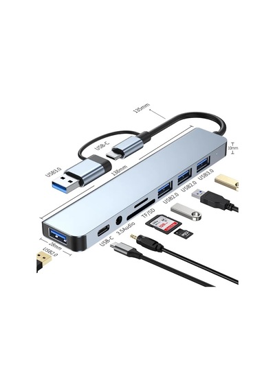 8 İn 1 Usb Type-c Usb 2.0/3.0 Audio 3.5 Tf Sd Çevirici Adaptör