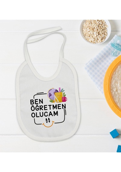 BK Kids Öğretmen Olucam Tasarımlı Beyaz Bebek Mama Önlüğü-1 Beyaz