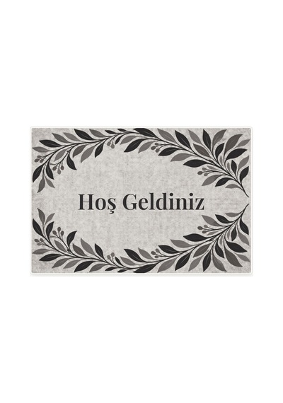 Kartela Halı Hoş Geldiniz Yazılı Yaprak Desenli Kapı Paspası Antrasit Kaymaz Kauçuk Taban 60x90 Cm