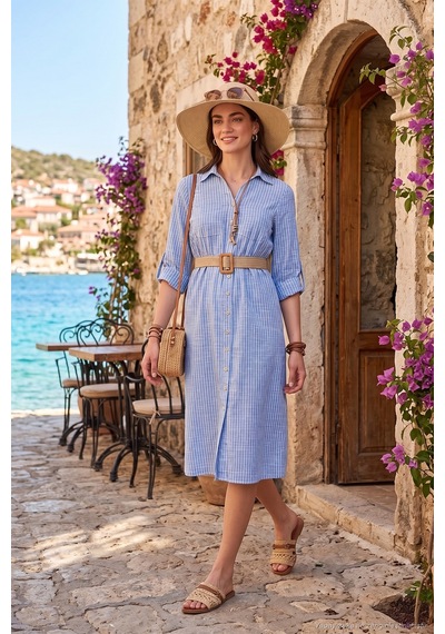 Lela Pamuklu Regular Fit Kemerli Midi Boy Gömlek Bayan Elbise 67810301 Indigo