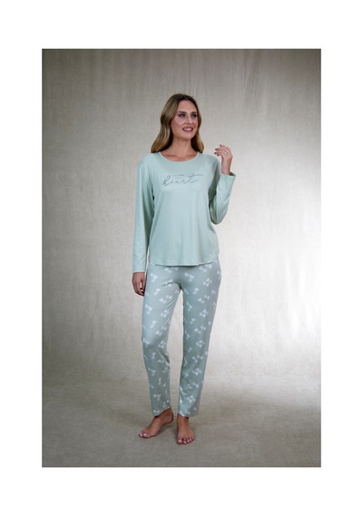 Estiva Kadın Yaprak Alt Desenli Soft Uzun Kollu Pijama Takımı Yeşil