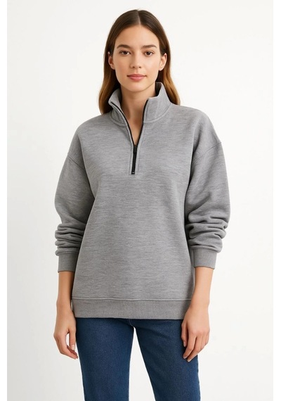 Valensdesign Üç İplik Dık Yaka Yarım Fermuarlı Sweatshirt - Gri