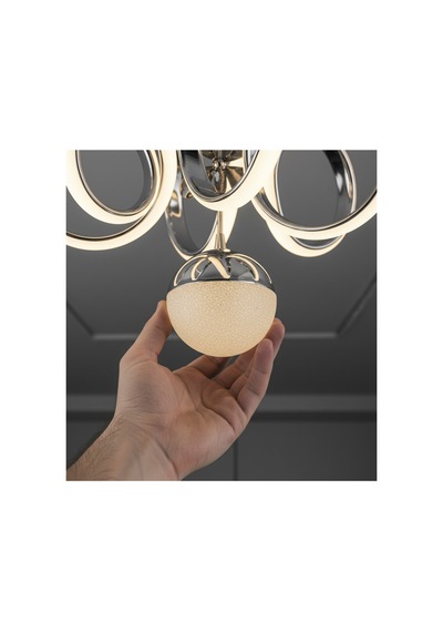 Davin Modern Krom Led Avize Spiral Halka Tasarım, Cam Küre Detaylı Lüks Sarkıt Avize Gümüş Gümüş