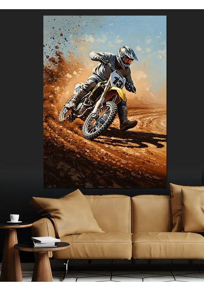 Ahşap Tablo Toprak Yolda Hızlı Motokros Sürücüsü