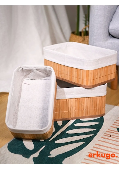 3'lü Bambu Sepet Doğal Astarlı Çok Amaçlı Saklama Kutusu, Pinterest Tarz Dikdörtgen Şekilli Bambu Sepet Bambu
