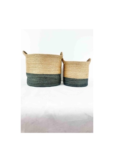 Bitki Tasarımı Ev Dekorasyon Düzenleyici Dekoratif Kulplu Altı Gri Şeritli Doğal Örgü Sepet İkili Set B-k Gri