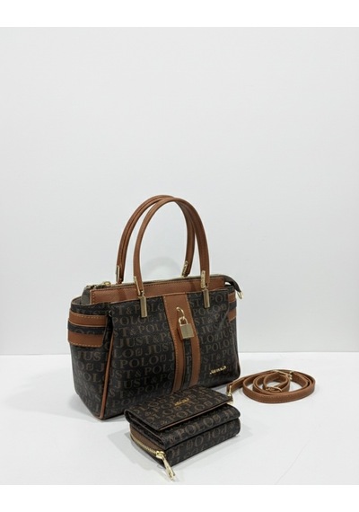 Just Polo Kadın Lüks El & Omuz Çantası Gold Detaylı Özel Tasarım Çanta Ve Uyumlu Cüzdan 22x28 Cm Kahverengi - Taba
