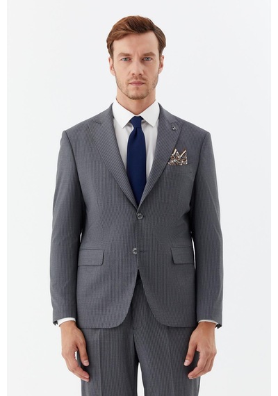 Sabri Özel Erkek Gri Dar Kesim Slim Fit Yünlü Dokuma Normal Bel 6 Drop Takım Elbise