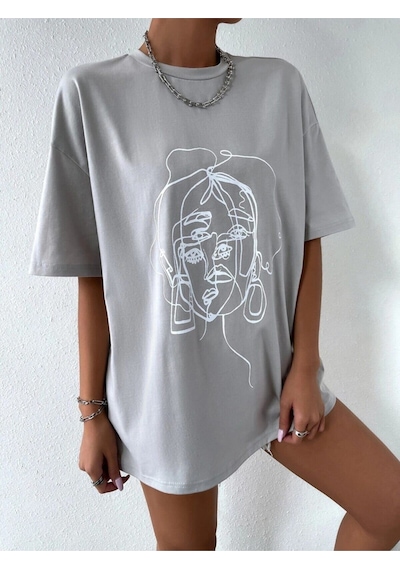 Flood Of Style Kadın Çizgili Figür Oversize Boyamalı Gri T-shirt