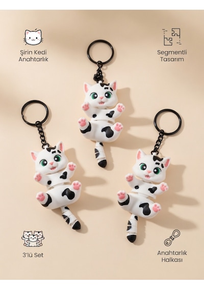 3'lü Hareketli Eklemli Kedi Anahtarlık Sevimli Benekli Kedi Figürü Çanta Aksesuarı Stres Oyuncağı 3d Beyaz