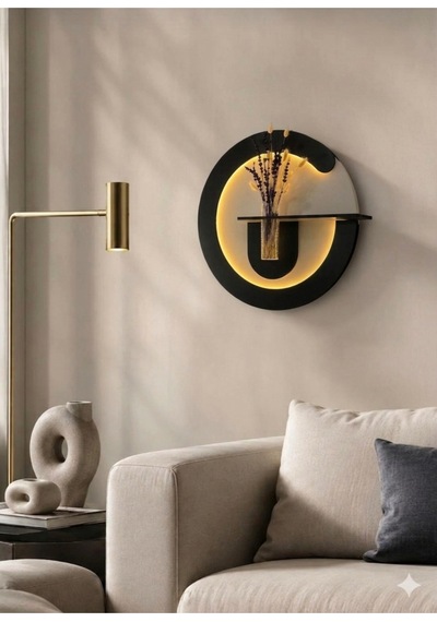 Primula Ahşap Pilli Ledli İskandinav Tarzı Salon Duvar Rafı Modern Çiçeklik 50 Cm Paris Grisi - Antrasit