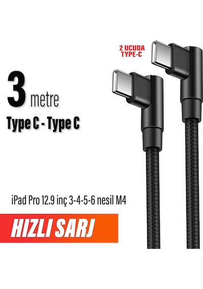 Apple Uyumlu iPad, Pro 12.9 İnç 3-4-5-6 Nesil Şarj Kablosu Uzun 3 M Typec To Typec Hızlı Şarj 3m