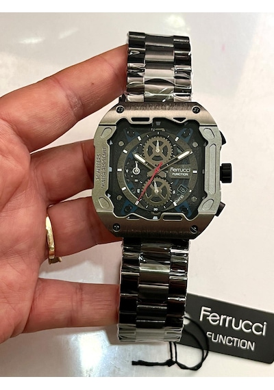 Ferrucci Kare Kadran Gri Renk Fonksiyonları Aktif Takvimli Spor Model Çelik Erkek Kol Saati Gri