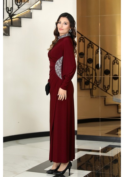 Raika Moda Taş Detaylı Lavinni Tesettür Abiye Elbise Bordo