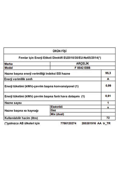 Arçelik F 8542 EBB 72 L Ocaklı Fırın