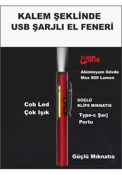 Kalem Şeklinde Şarj Edilebilir El Feneri Güçlü Mıknatıslı Hem Ortam Aydınlatma Hem Fener Kamp Lamba Kırmızı