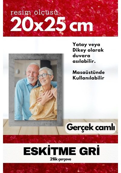 Gerçek Camlı 21lik Düz 20 X 25 Gri Fotoğraf Resim Çerçevesi Ayaklı Arkalık Veya Duvara Asma