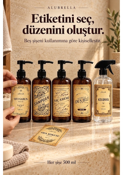 Alubrella 500 Ml 4 Amber Pompalı Ve 1 Şeffaf Sprey Boş Şişe Seti Ve Banyo Etiketleri