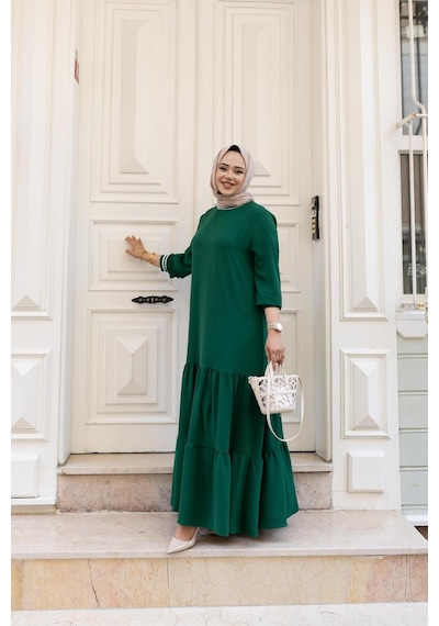 Hb Harma Time Butik Kadın Kat Kat Ribanalı Yeşil Tesettür Elbise Yeşil Yeşil