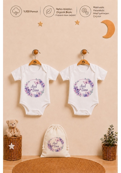 Pia Baby İsme Özel Kız Bebek Hediyesi 2'li %100 Pamuk Organik Baskılı Çıtçıtlı Body Zıbın Ve Ham Bez Kıyafet Kesesi 1018b2k0x Ekru