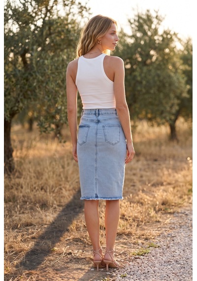 Soulshae Mavi Yüksek Bel Yırtmaçlı Denim Kalem Midi Etek Mavi 1
