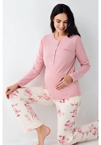 Pierre Cardin 9059 Hamile Lohusa Düğmeli Bisiklet Yaka Pijama Takımı - Gül Kurusu