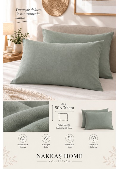 Nakkaş Home Collection 2'li Pamuklu Fermuarlı Yastık Kılıfı Seti - 50x70 Cm Düz Renk Yastık Kılıfı Çağla Yeşili
