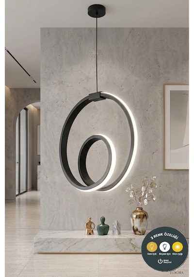 Orjin Siyah Modern Çember Led Sarkıt Avize 3 Renkli Şık Antre & Hol Aydınlatma