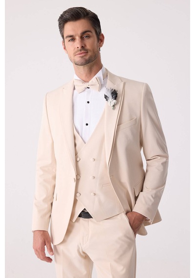 Ysf Erkek Slim Fit Sivri Yaka Yelekli Damatlık Bej