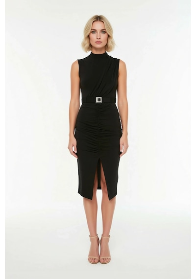 Benerly Kadın Kolsuz Dik Yaka Drape Detaylı Kemerli Midi Bodycon Esnek Ör Siyah Benerly Kadın Kolsuz Dik Yaka Drape Detaylı Kemerli Midi Bodycon Esnek Ör Siyah