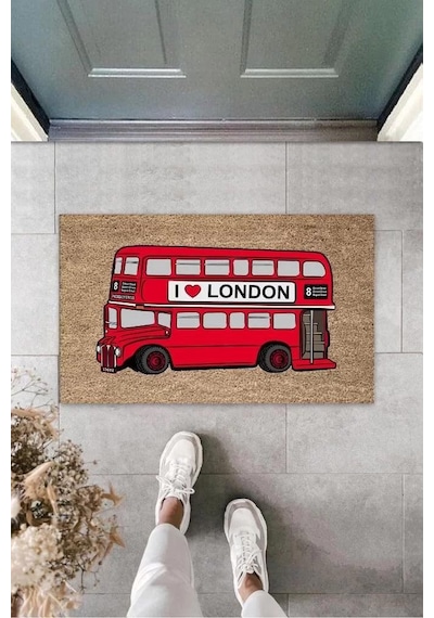 Dekoratif Dijital I Love London Otobüsü Kırmızı Kapı Paspası Dış Mekan Paspas K-3172 Renkli