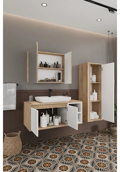 Lale Beyaz 100 Cm %100 Mdf Lavabolu Banyo Dolabı + Aynalı Dolap + Boy Dolabı Beyaz Meşe Lale Beyaz 100 Cm %100 Mdf Lavabolu Banyo Dolabı + Aynalı Dolap + Boy Dolabı Beyaz Meşe