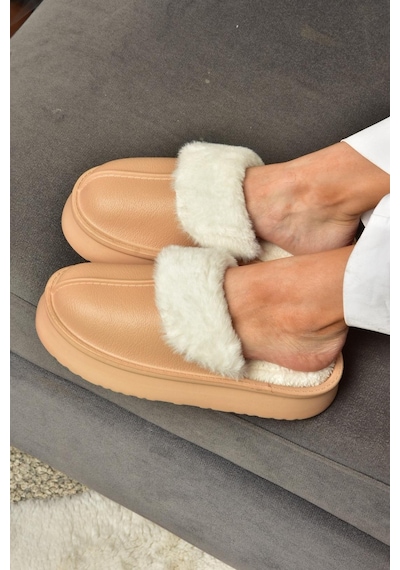 Fox Shoes T918264209 Vizon İçi Peluş Kadın Terlik Vizon