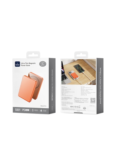 Wiwu P15 Led Işık Göstergeli Ultra İnce Pd 20w Kablosuz Powerbank 5000mah 15w Turuncu