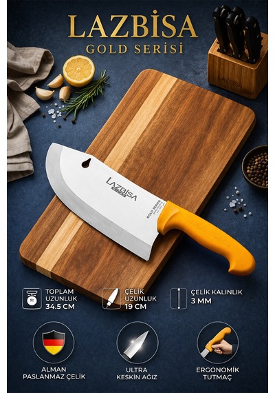 Lazbisa Mft-002 Gold Serisi Pide Börek Mutfak Bıçağı Salata Pizza Bıçak Kıyma Et Satırı Doğrama 3 Lü Set Sarı