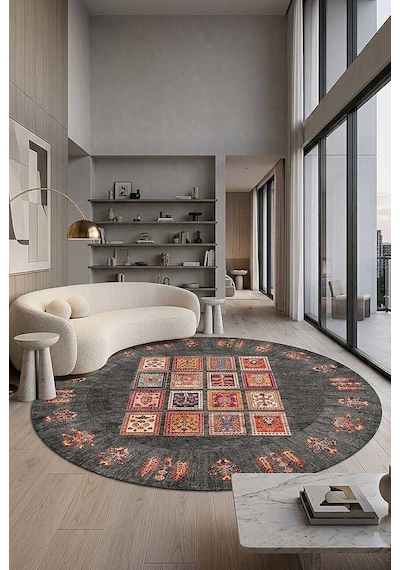 Frenda Home Binbirgece Pamuk Taban Yıkanabilir Dijital Baskılı Yuvarlak Halı Gri